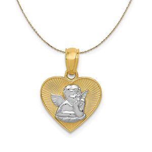 14k Yellow Gold & Rhodium Guardian Angel Heart Necklace - 24 Inch
